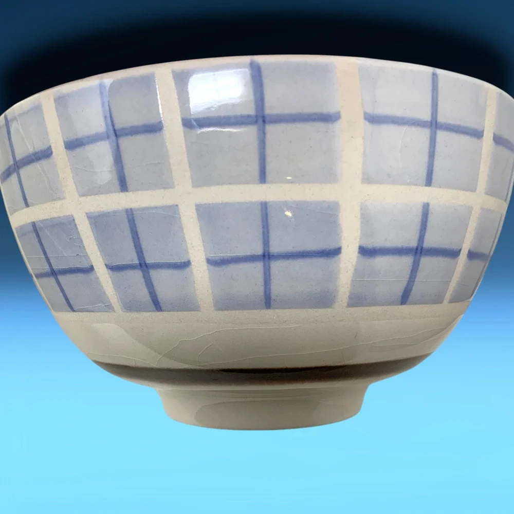 Vintage Lot 4 x Pier 1 Checkerboard Stoneware Soup Cereal Bowls Blue White